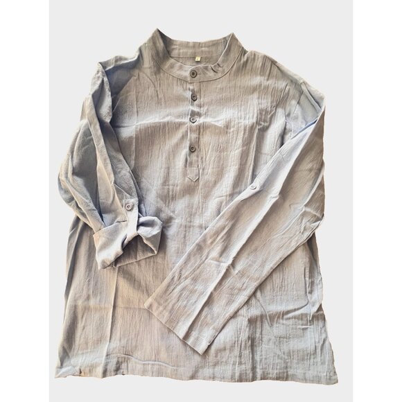 Henley Shirt Women's Sz L Gauze Popover Top Linen Cotton Adjustable Sleeve Blue - Picture 10 of 10
